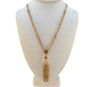 Long Gold Tone Double Chain Ornate Tassel Necklace Signed CN